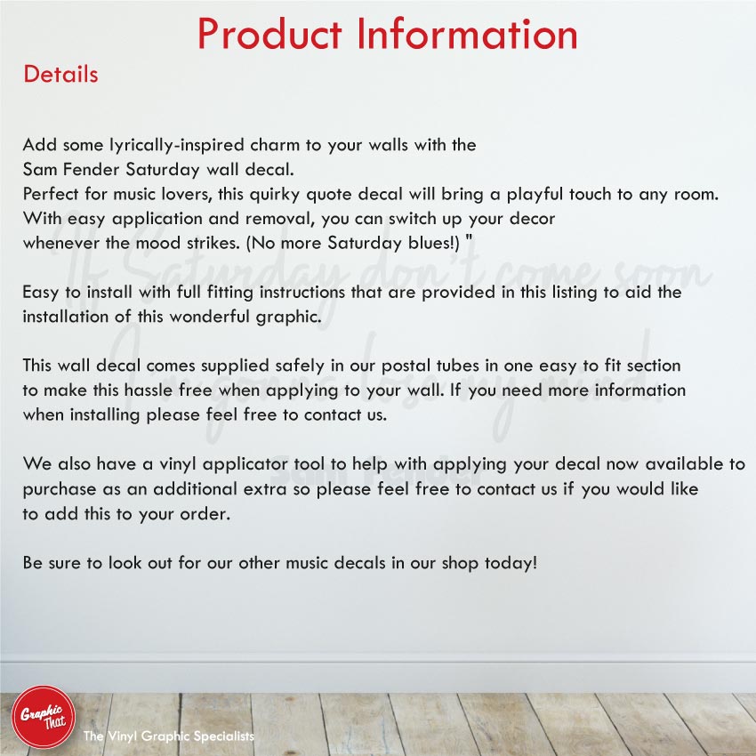 Sam Fender Saturday Music Lyrics Wall Decal