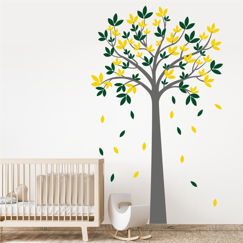 Autumnal Tree Nursery Wall Sticker Dark Grey Forest Green Mid Yellow