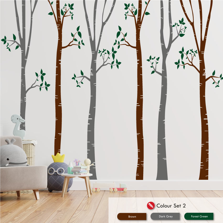 Birch Tree Wall Art Sticker brown dark grey forest green