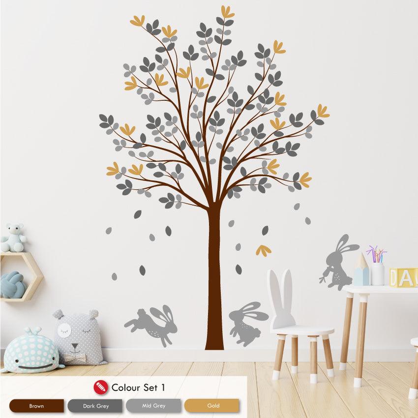 Tree & Bunny Rabbits nursery wall art decal  brown dark grey mid grey & gold