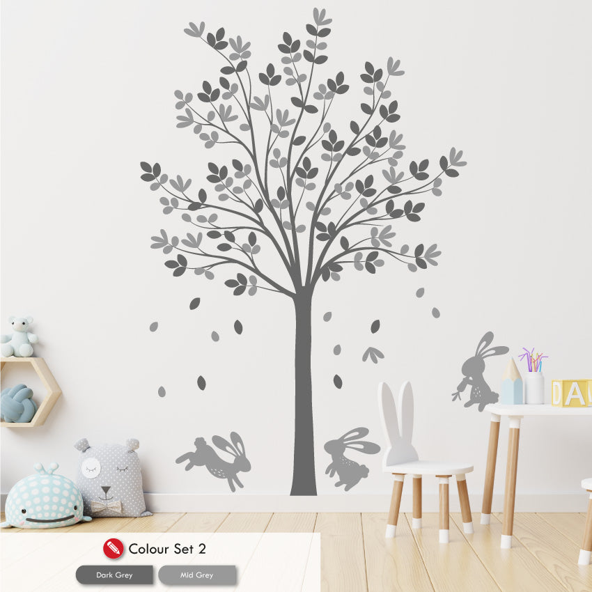 Tree & Bunny Rabbits nursery wall art decal dark grey & mid grey