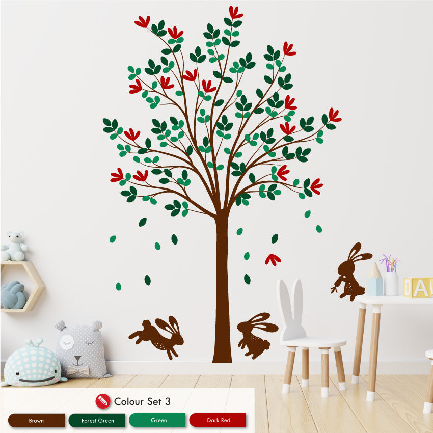 Tree & Bunny Rabbits nursery wall art decal brown forest green green dark red