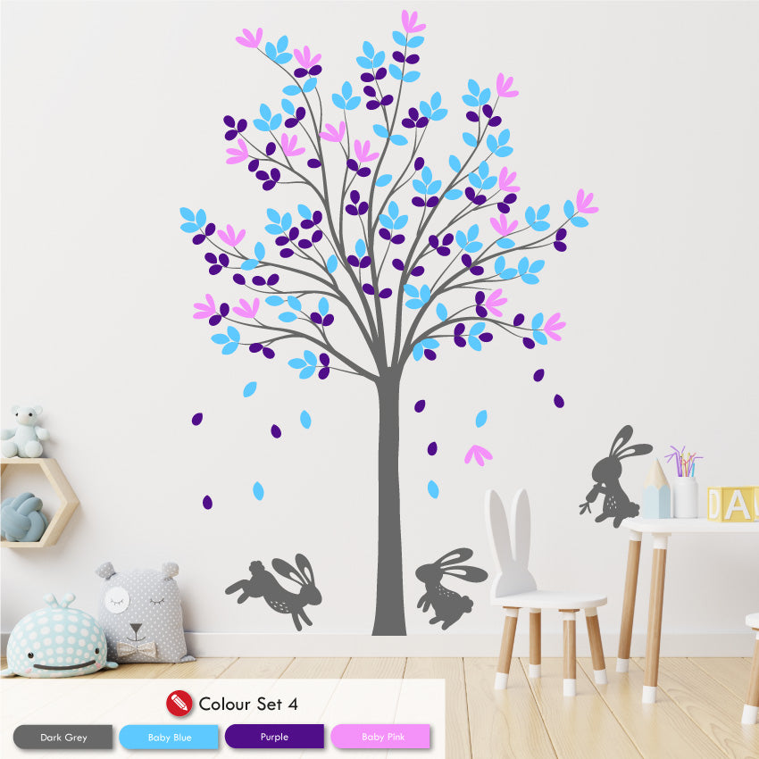 Tree & Bunny Rabbits nursery wall art decal dark grey baby blue purple baby pink