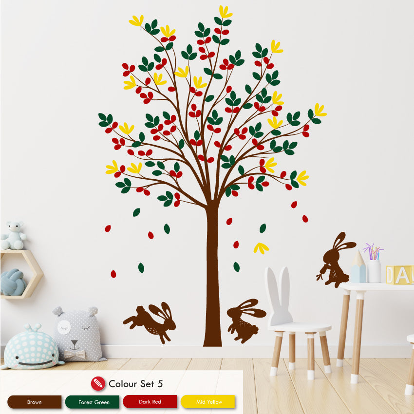 Tree & Bunny Rabbits nursery wall art decal brown forest green dark red mid yellow