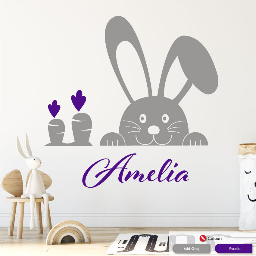 Bunny and carrot girls wall personalised wall sticker mid grey purple