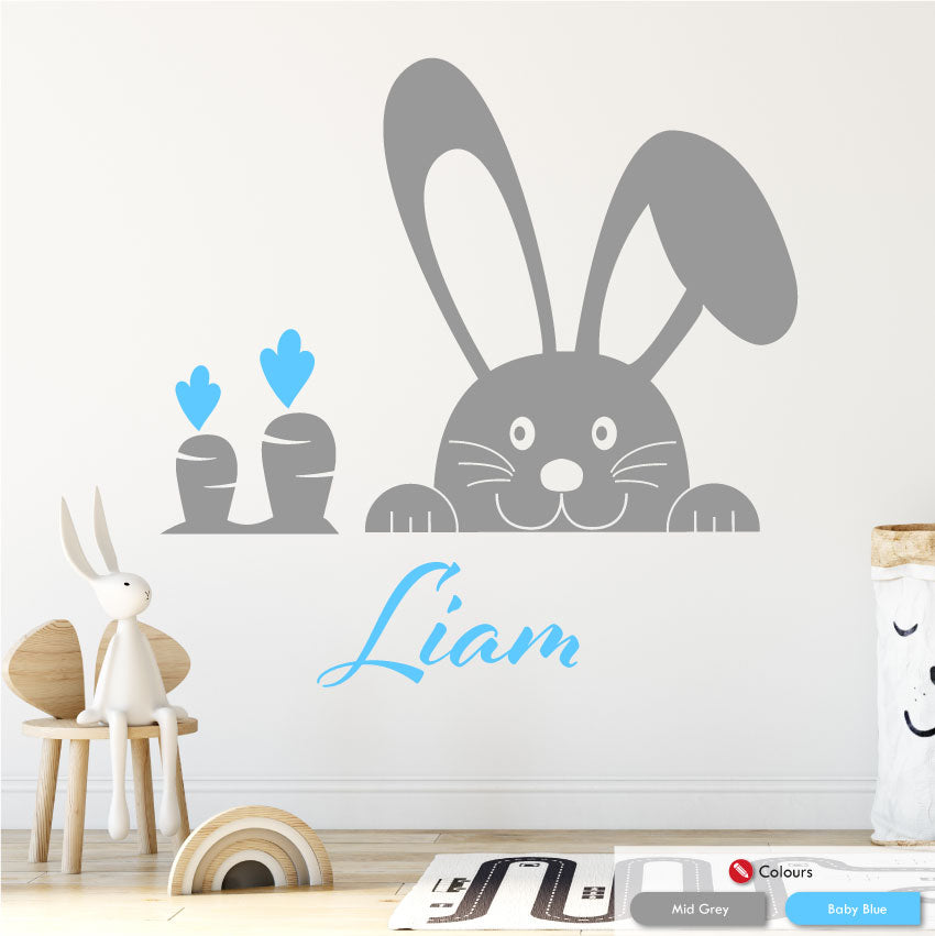 Bunny and carrot girls wall personalised wall sticker mid grey baby blue