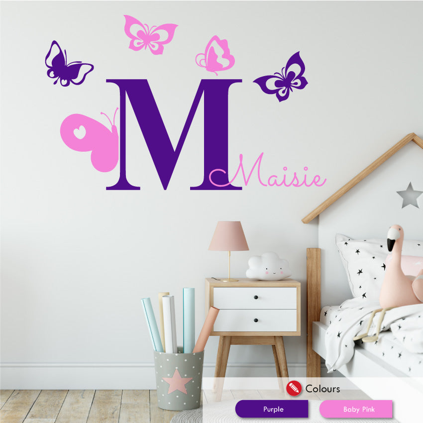 Butterflies personalised wall decal purple baby pink