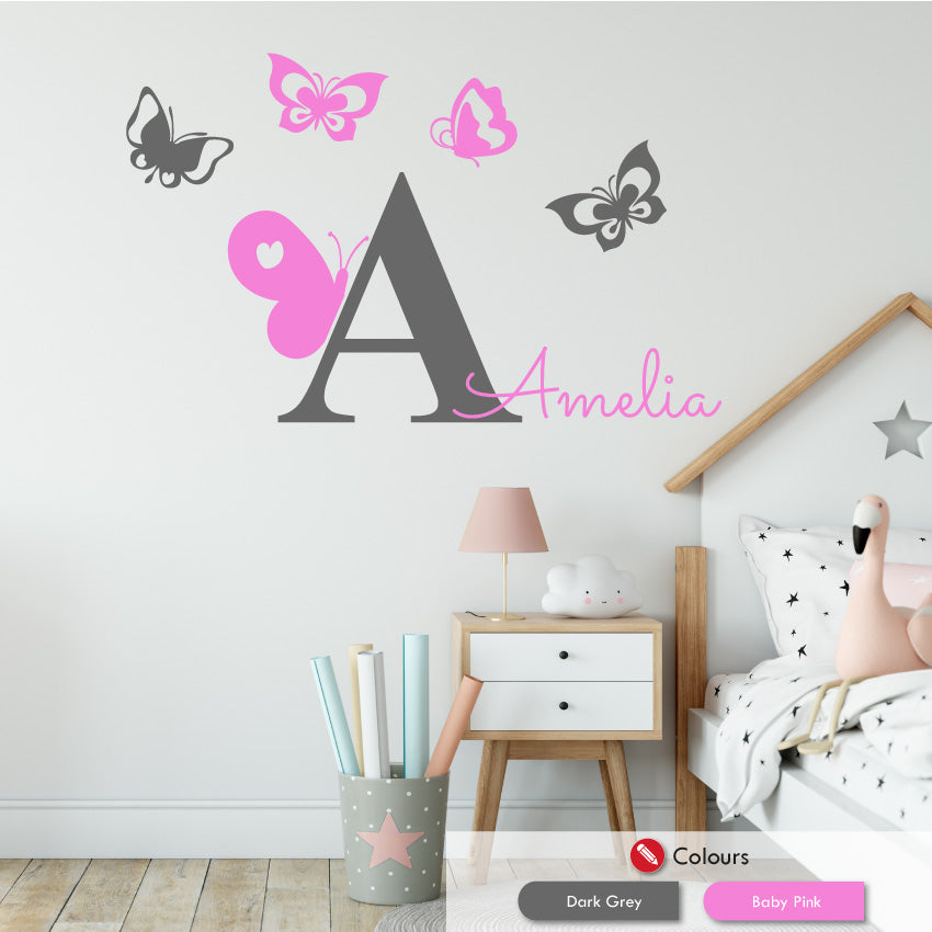 Butterflies personalised wall decal dark grey baby pink