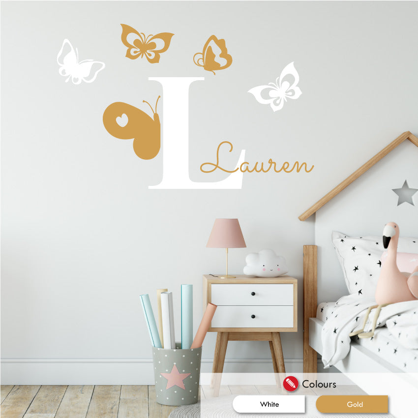 Butterflies personalised wall decal white gold