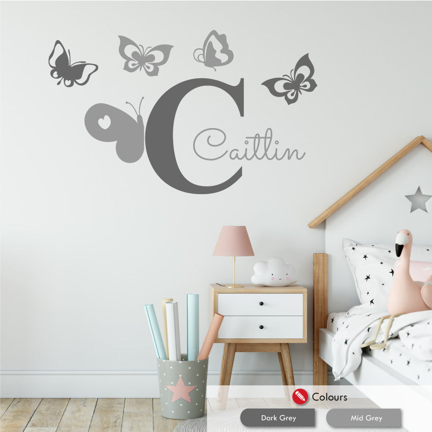 Butterflies personalised wall decal dark grey mid grey