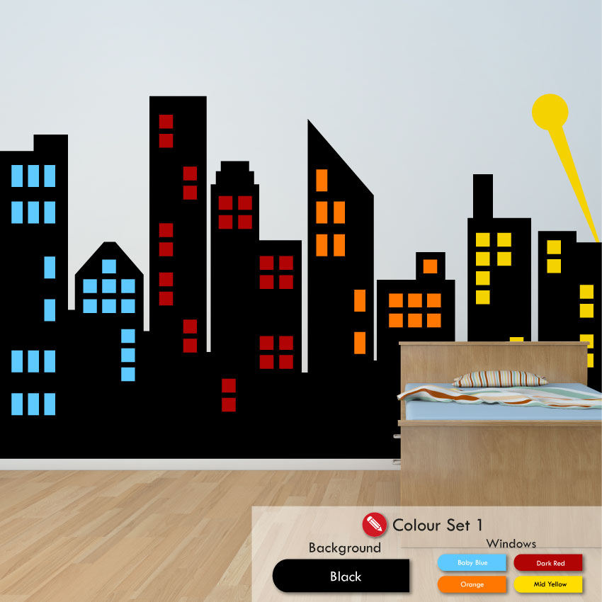 City Skyline wall art decal black skyline yellow baby blue dark red orange windows