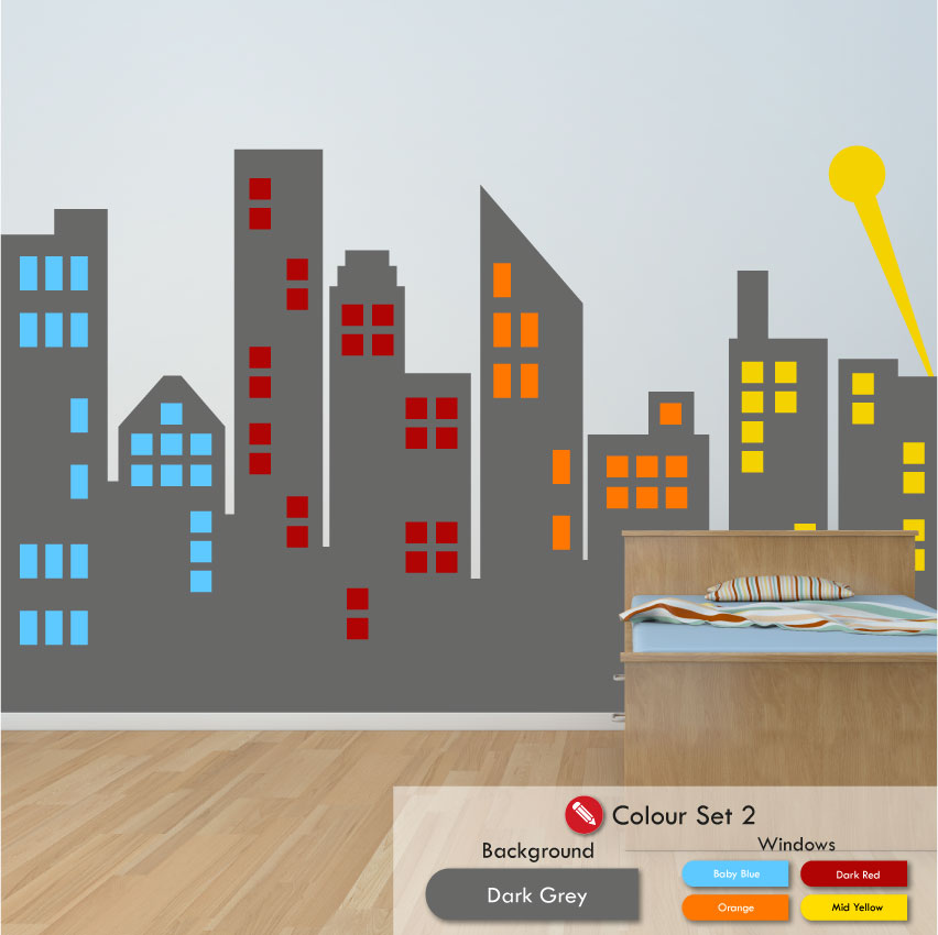 City Skyline wall art decal dark grey skyline yellow baby blue dark red orange windows