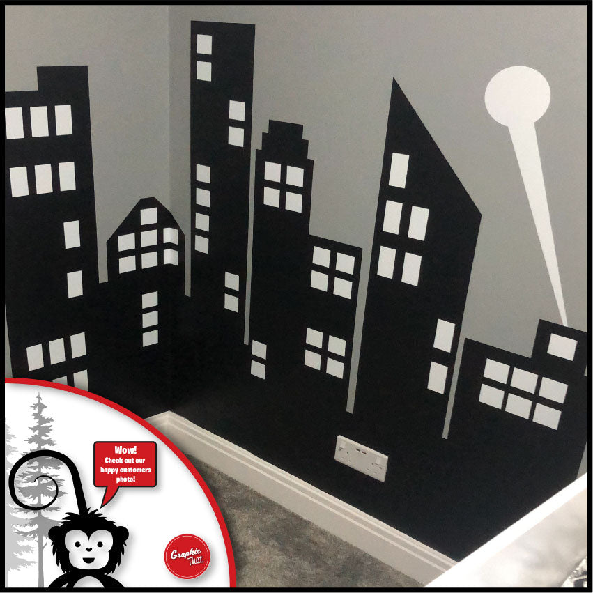 City Skyline wall art decal black skyline white windows customer photo