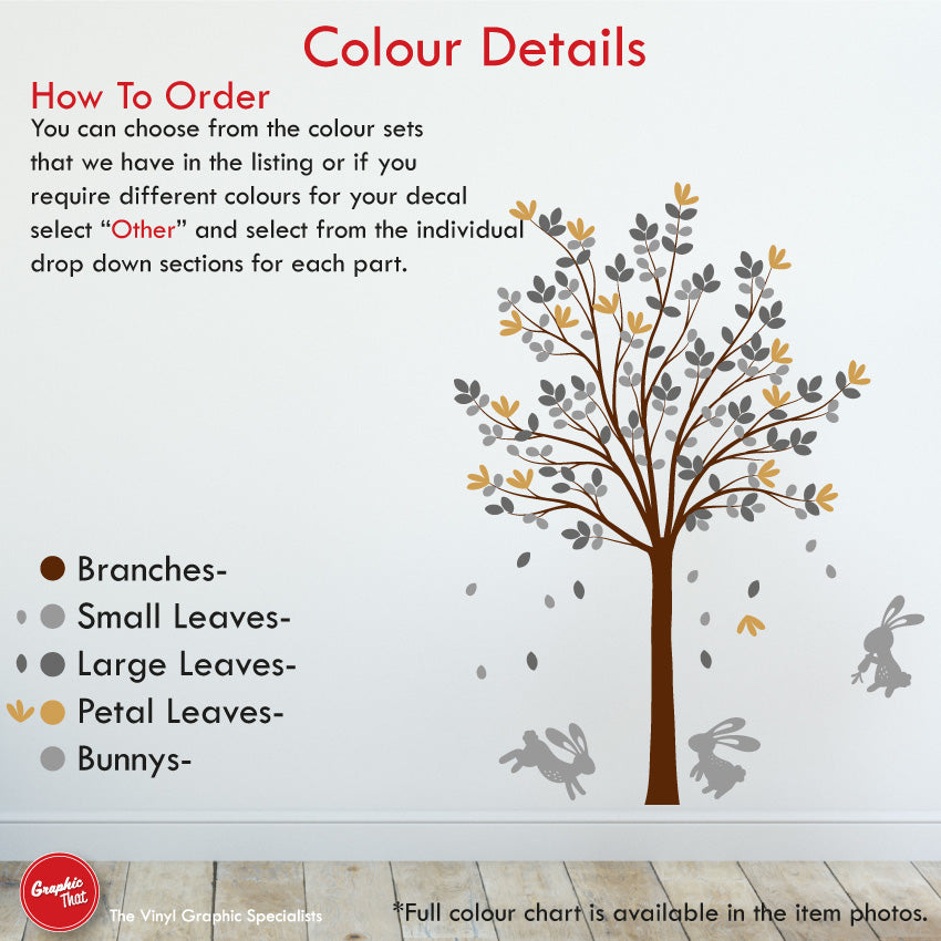 Tree & Bunny Rabbits nursery wall art decal colour information