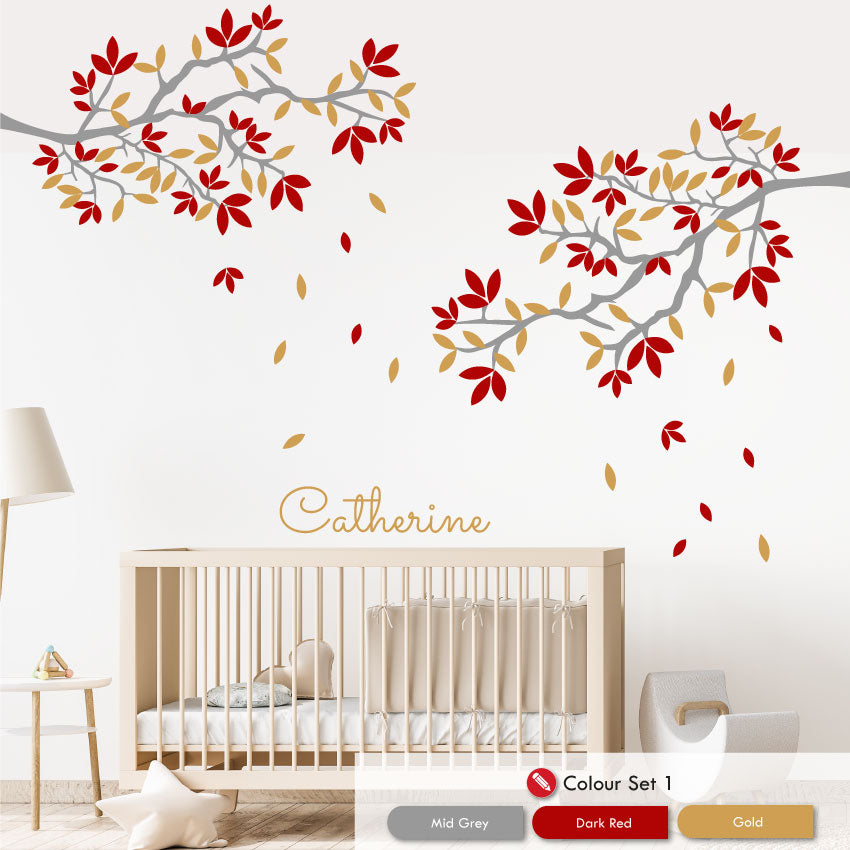 Corner Tree Personalised Wall Art Bedroom Decal mid grey dark red gold