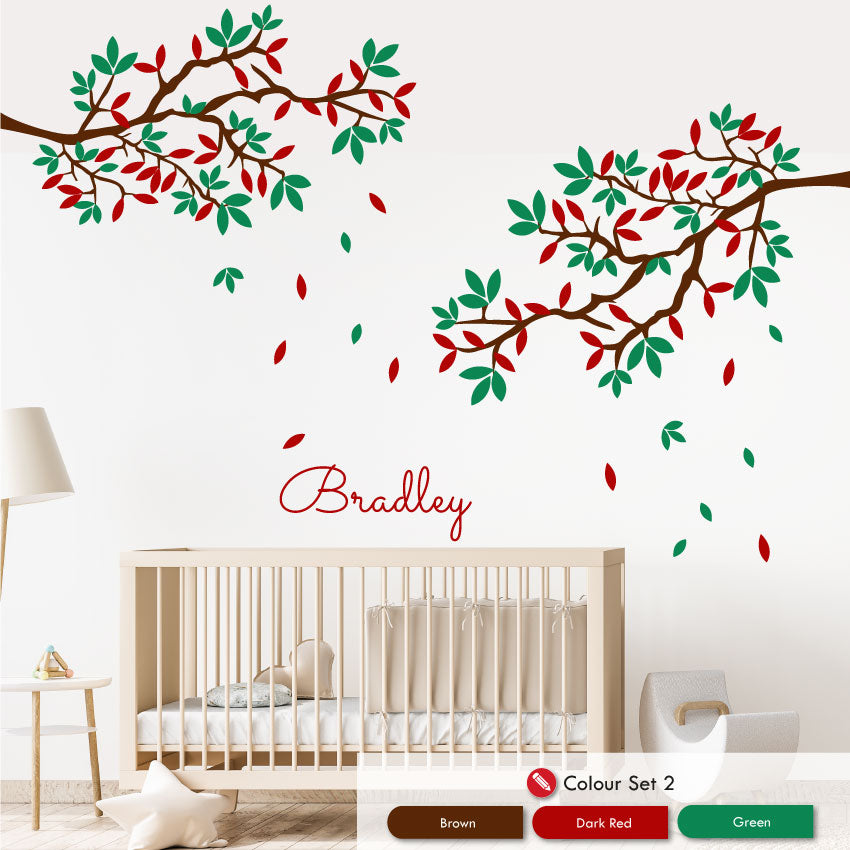Corner Tree Personalised Wall Art Bedroom Decal brown dark red green