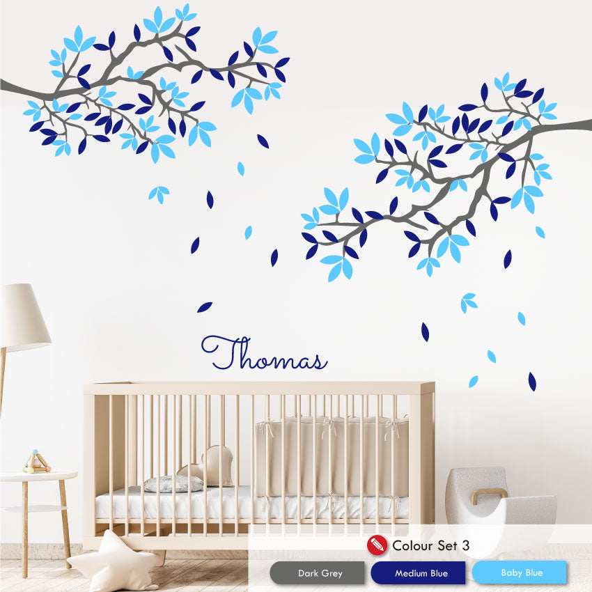 Corner Tree Personalised Wall Art Bedroom Decal dark grey medium blue baby blue