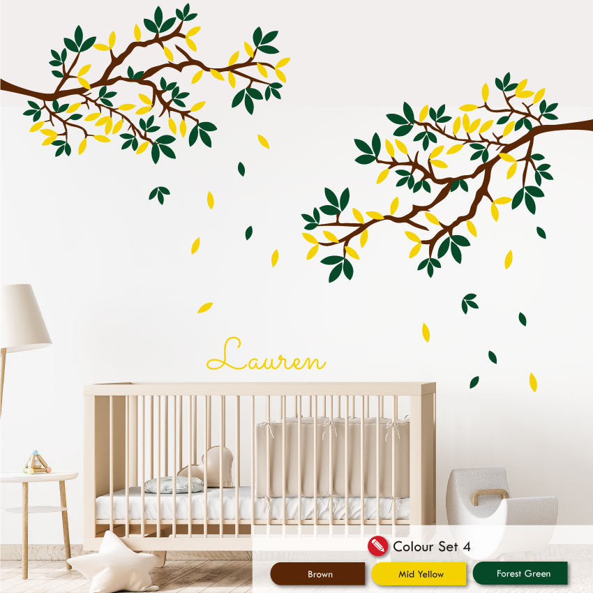 Corner Tree Personalised Wall Art Bedroom Decal brown mid yellow forest green
