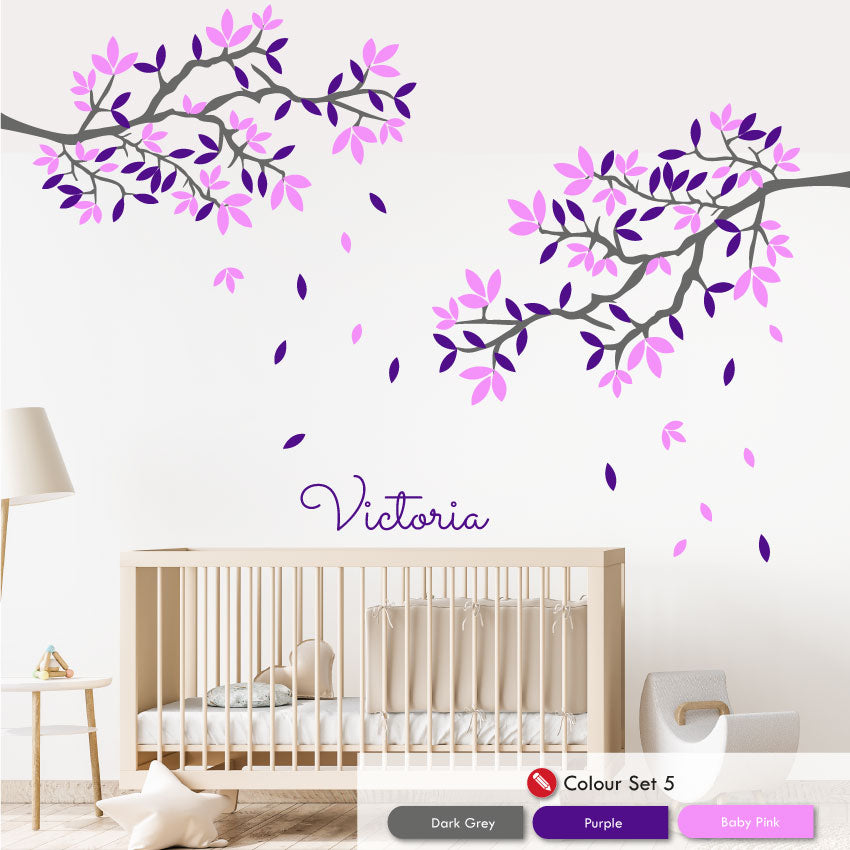 Corner Tree Personalised Wall Art Bedroom Decal dark grey purple baby pink
