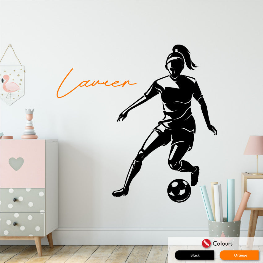 Girls football personalised wall decal black orange