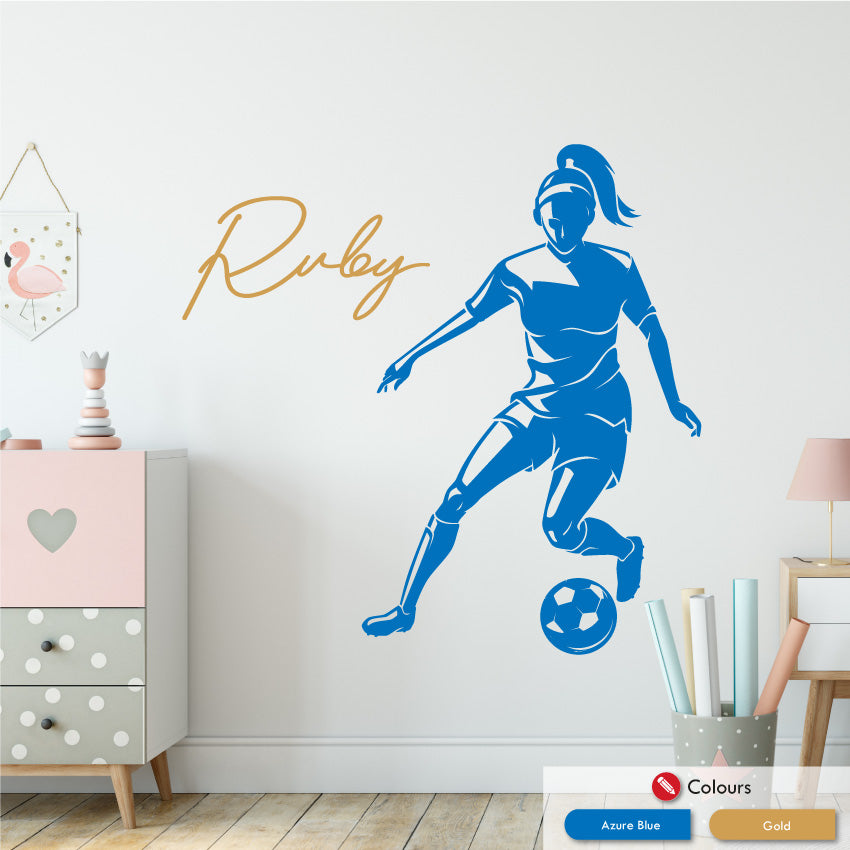 Girls football personalised wall decal azure blue gold