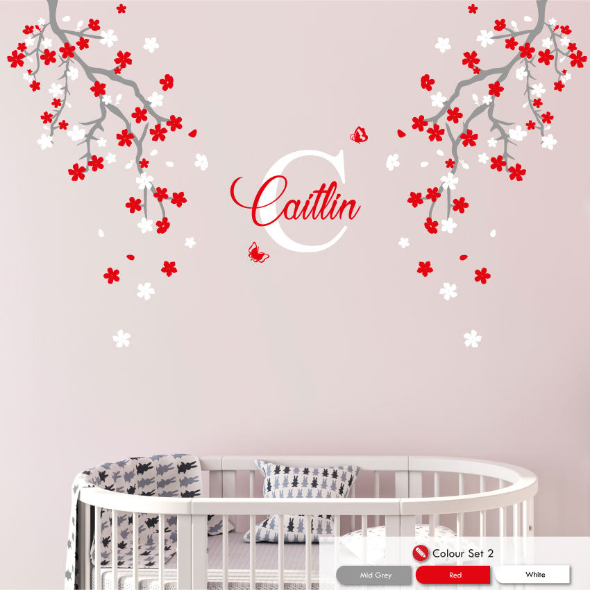 cherry blossom corner trees nursery wall sticker mid grey red white