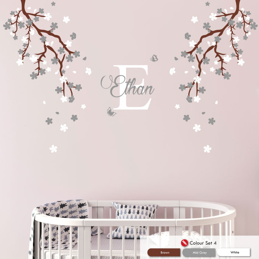 cherry blossom corner trees nursery wall sticker brown mid grey white