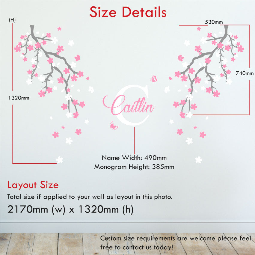cherry blossom corner trees nursery wall sticker size 2170mm x 1320mm
