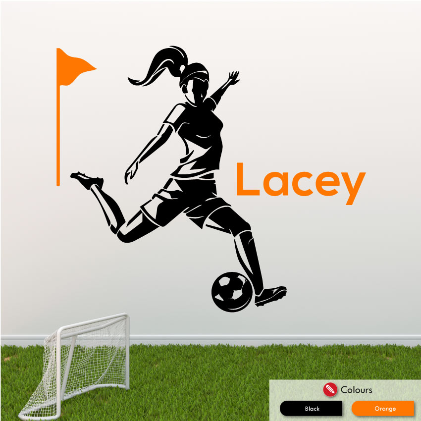 Girls Football Custom Name Wall Sticker Black Orange