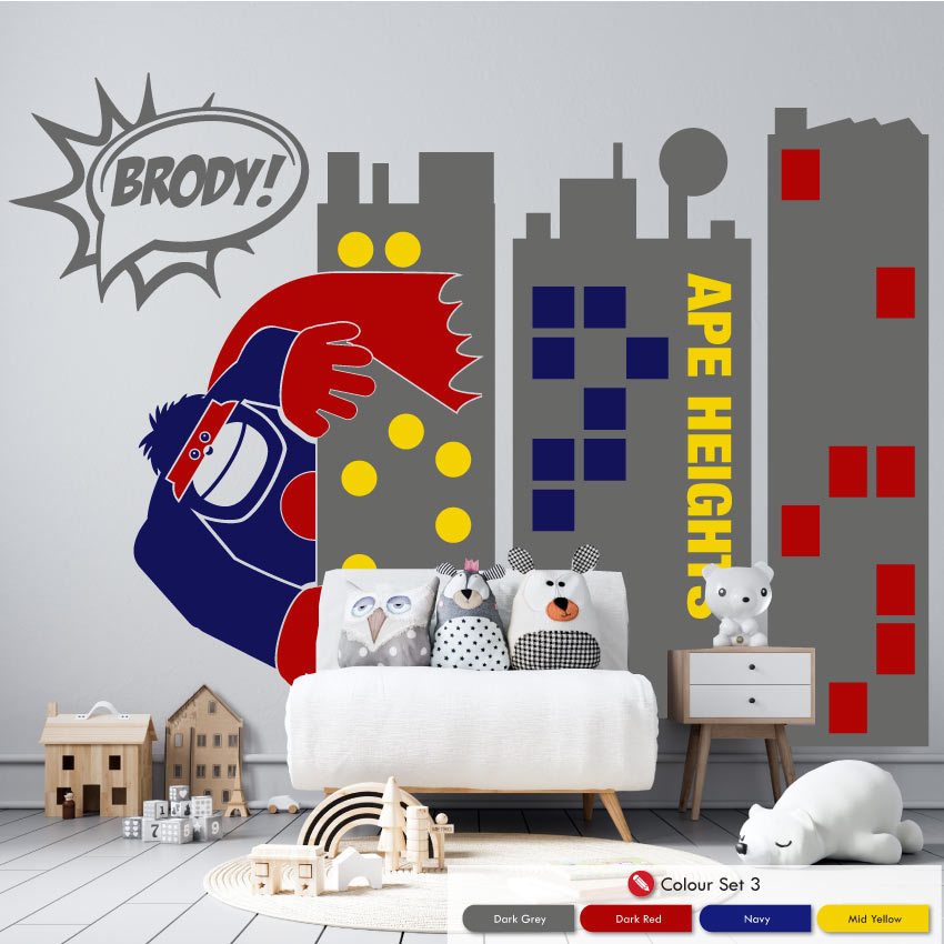 Superhero Towers Boys personalised wall art sticker dark grey, dark red, navy, mid yellow