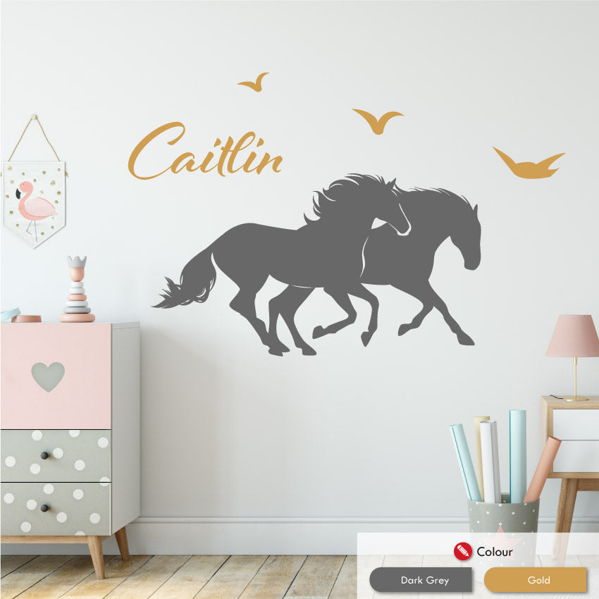Horses personalised wall sticker dark grey gold