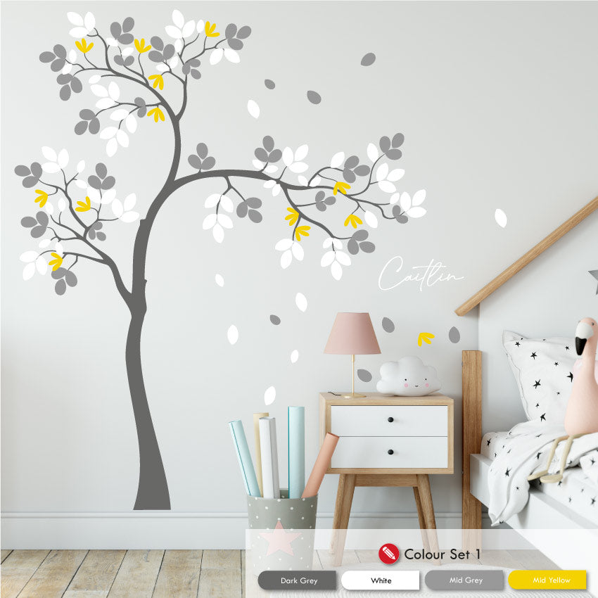overhanging personalised wall decal dark grey white mid grey mid yellow