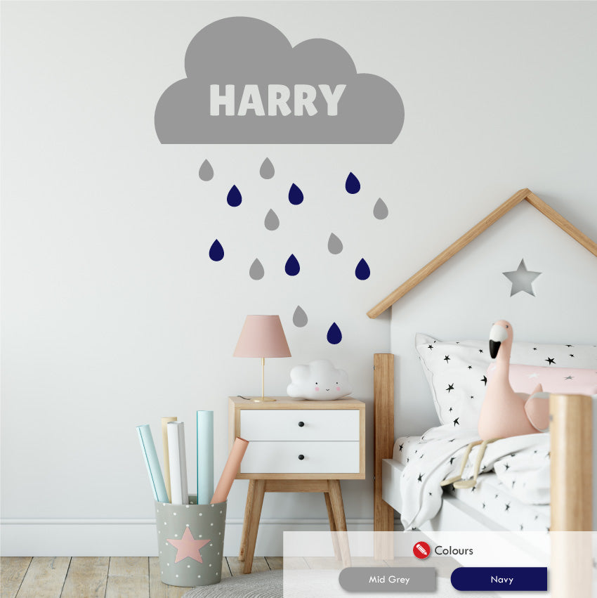 Personalised clouds and raindrops wall sticker mid grey & navy