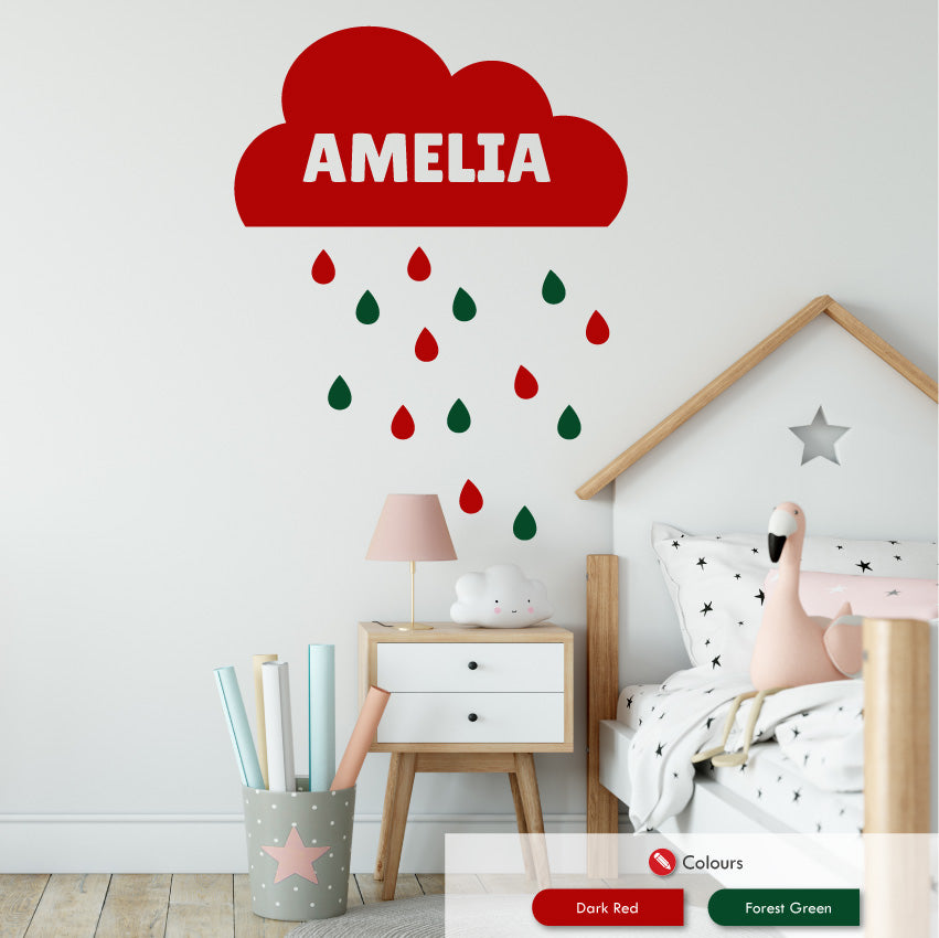 Personalised clouds and raindrops wall sticker dark red & forest green