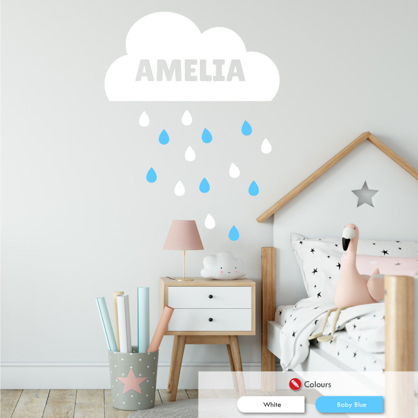 Personalised clouds and raindrops wall sticker white & baby blue