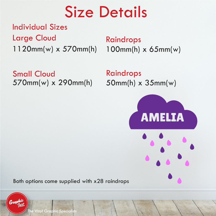 Personalised clouds and raindrops wall sticker sizes