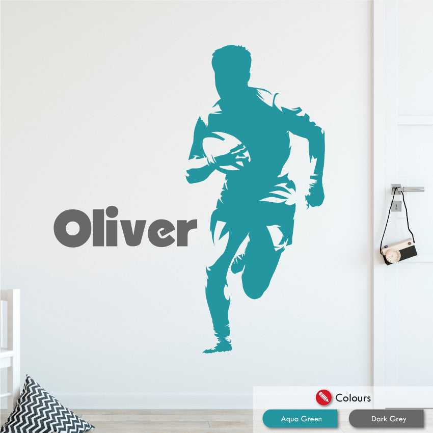 Rugby Personalised Bedroom Wall Art Sticker Aqua Green & Dark Grey