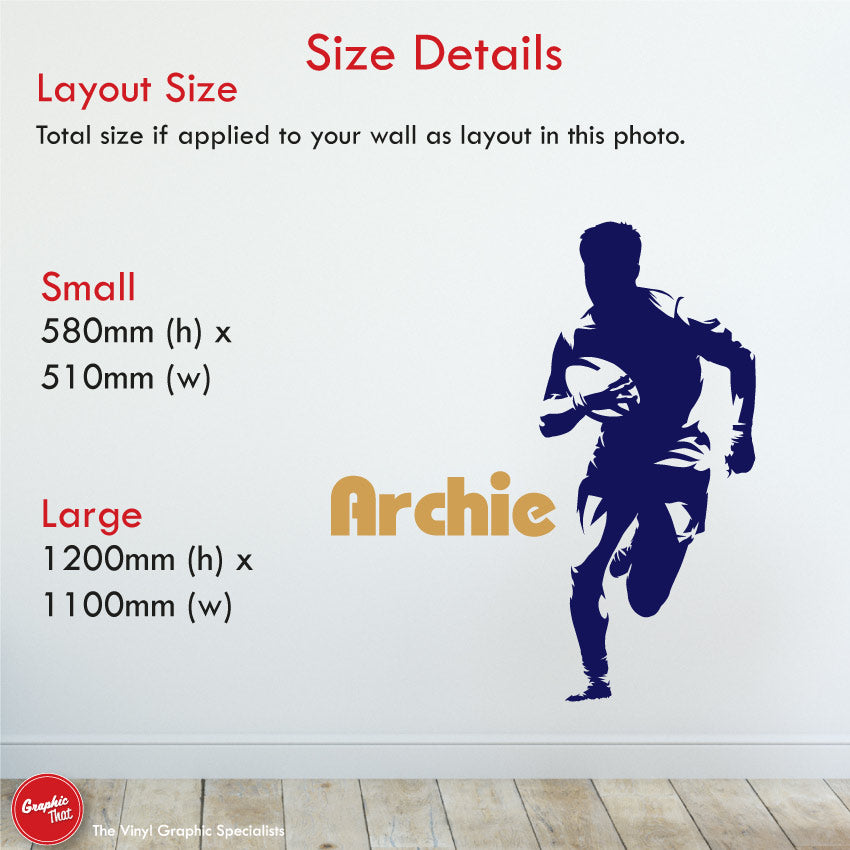 Rugby Personalised Bedroom Wall Art Sticker Sizes Small 580x510mm Large 1200x1100mm