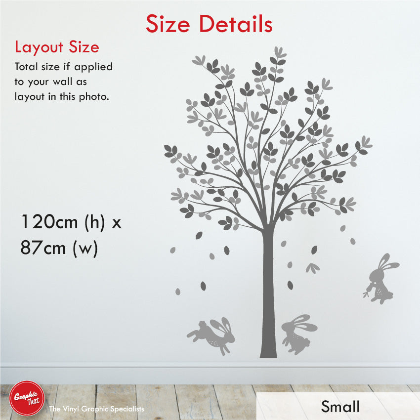 Tree & Bunny Rabbits nursery wall art decal size small 120cm x 87cm