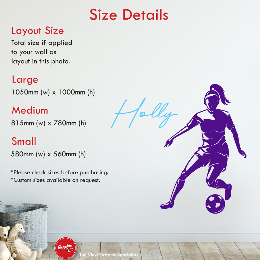 Girls football personalised wall decal size details