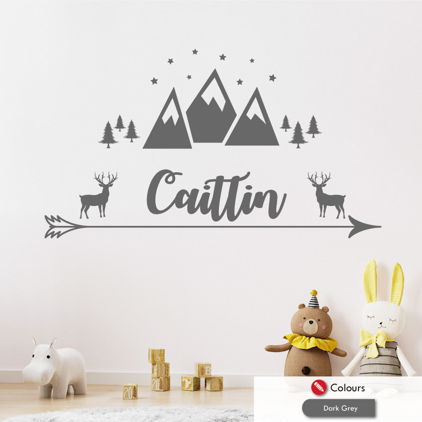 Stag & mountains personalised wall sticker dark grey