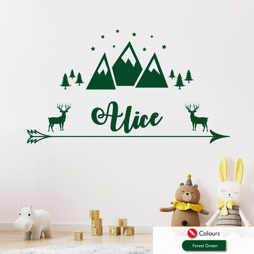 Stag & mountains personalised wall sticker forest green