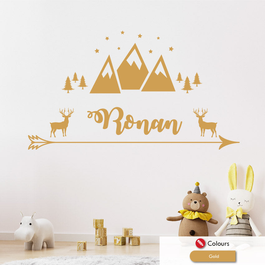 Stag & mountains personalised wall sticker gold