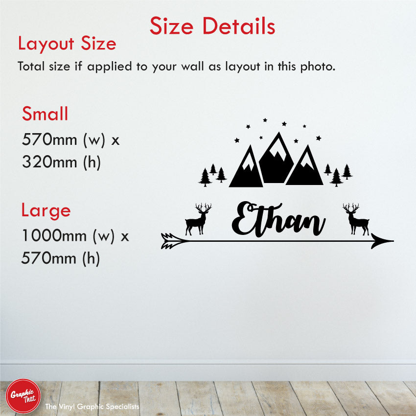 Stag & mountains personalised wall sticker size details