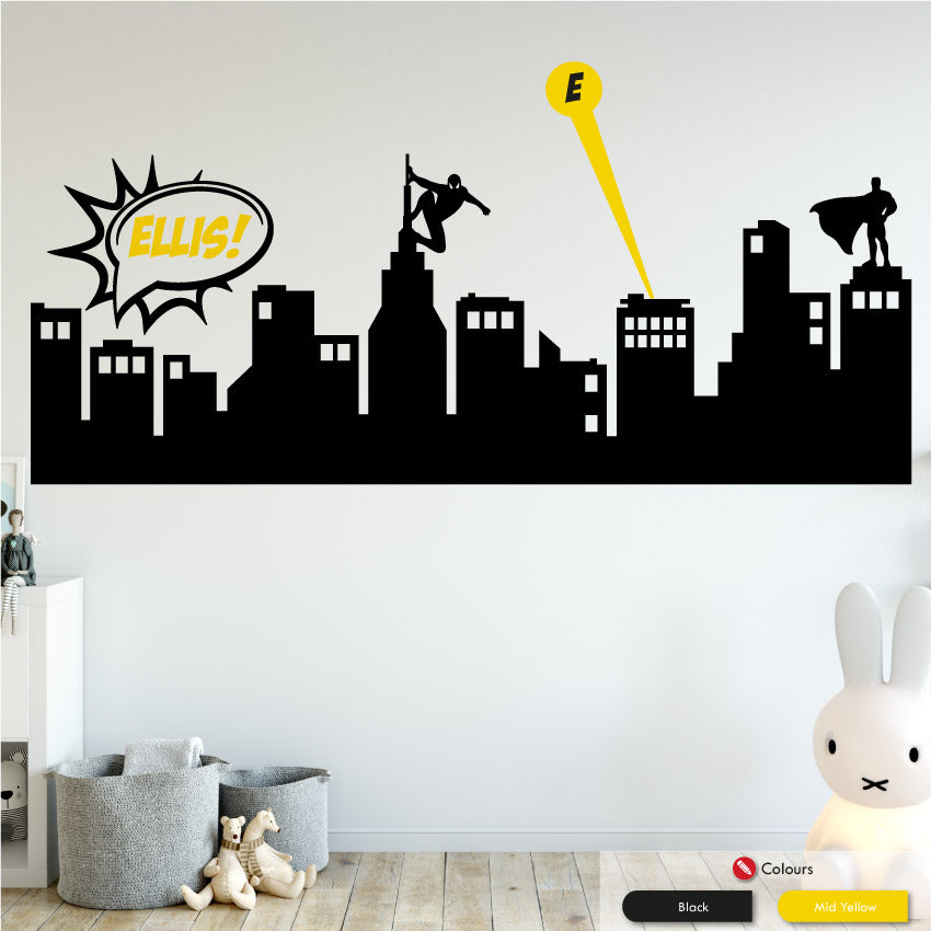 Superhero Boys Bedroom Skyline Wall Art Sticker Black & Yellow