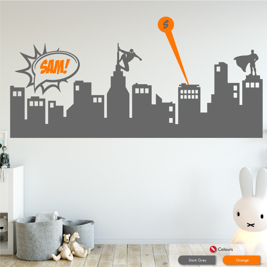 Superhero Boys Bedroom Skyline Wall Art Sticker Dark Grey & Orange