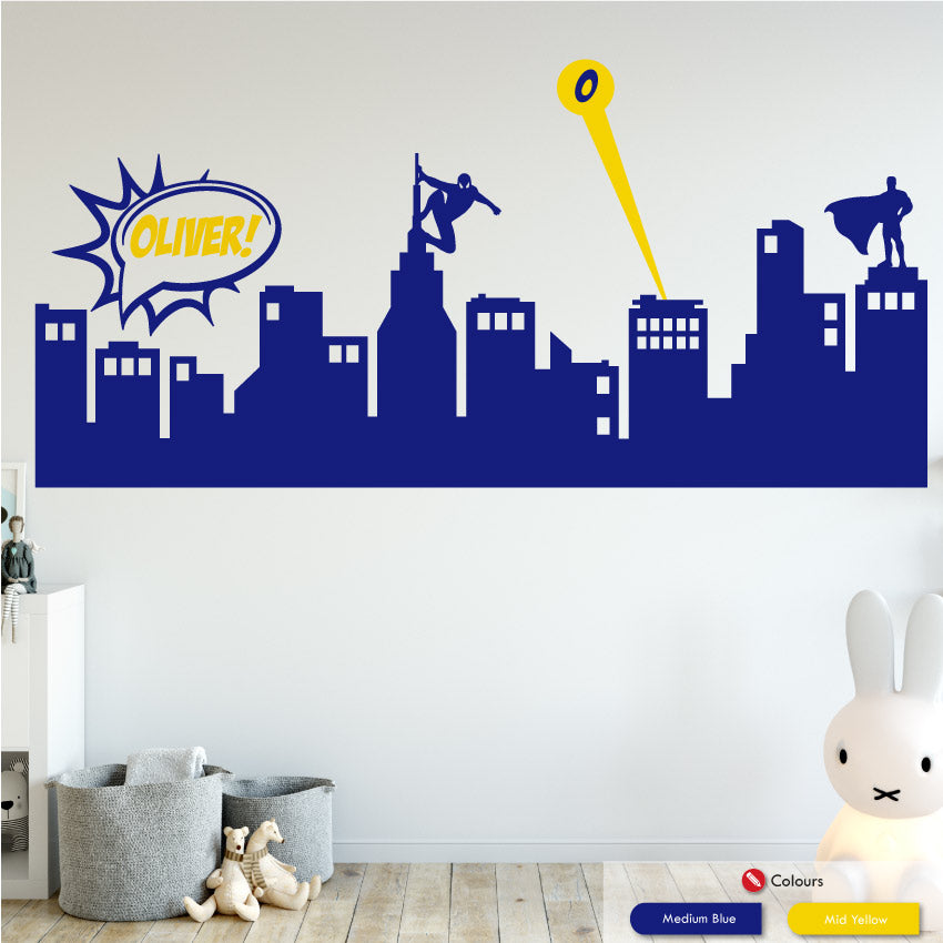 Superhero Boys Bedroom Skyline Wall Art Sticker Medium Blue & Yellow