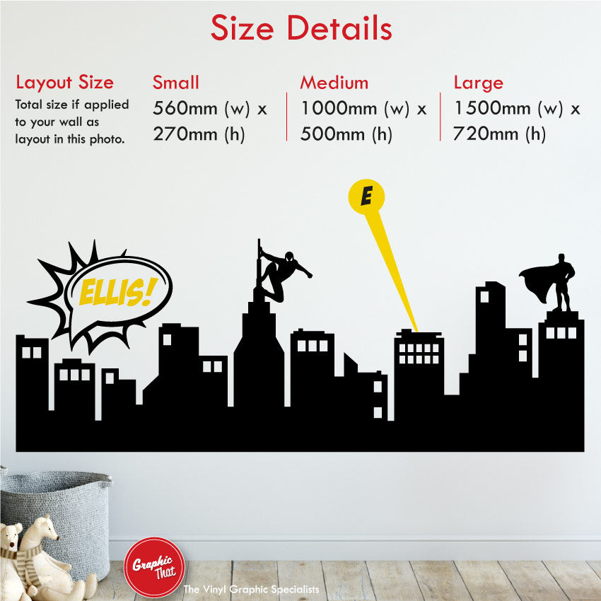 Superhero Boys Bedroom Skyline Wall Art Sticker Size Information