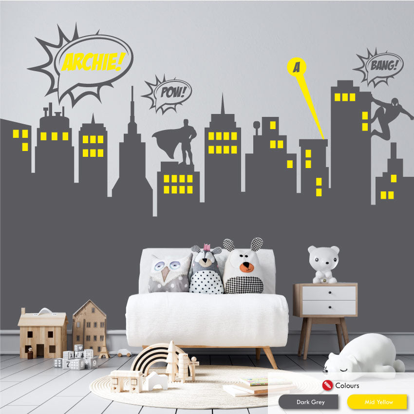 Superheroes Comic Book Skyline Wall Art Decal